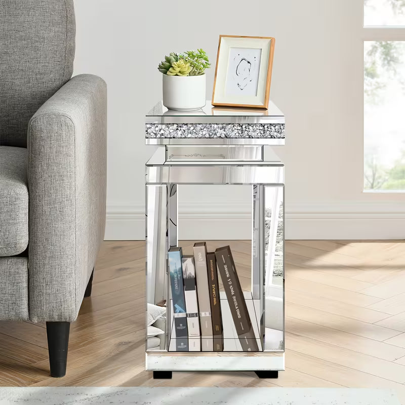 66.04cm Light Luxury Broken Diamond Mirror Edge Table, Dust-Proof and Easy to Wipe Mirror Panel, Anti-Slip Reinforced Foot Pad, Square Storage Base, Suitable for Living Room, Sofa Side, Bedroom – view 5