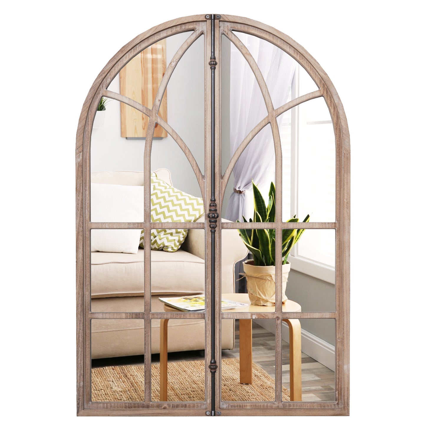 88 x 60 cm Arched Window-Style Wall Mirror – Natural Wood