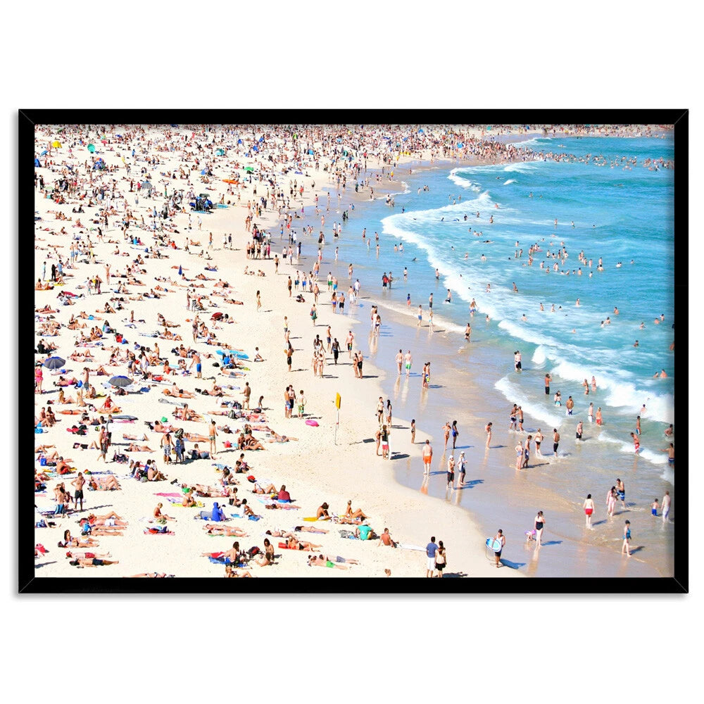 Bondi Summer Beach Crowd Canvas Wall Art – black floating frame