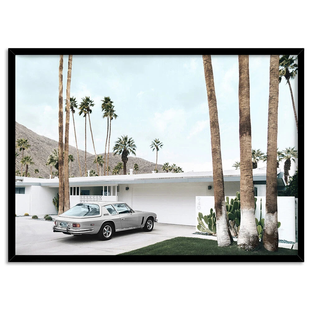 Palm Springs Mid-Century House Canvas Wall Art – black floating frame