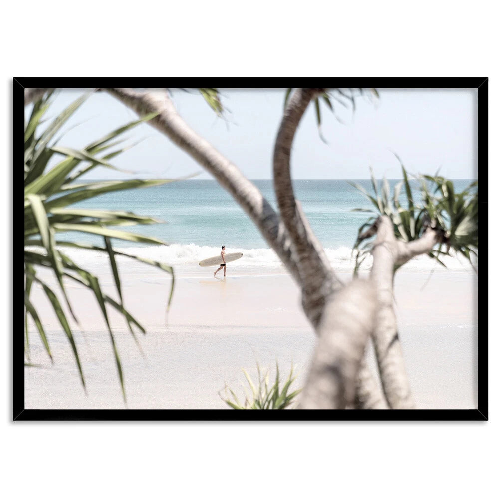Coolangatta Surfer Coastal Canvas Wall Art – black floating frame
