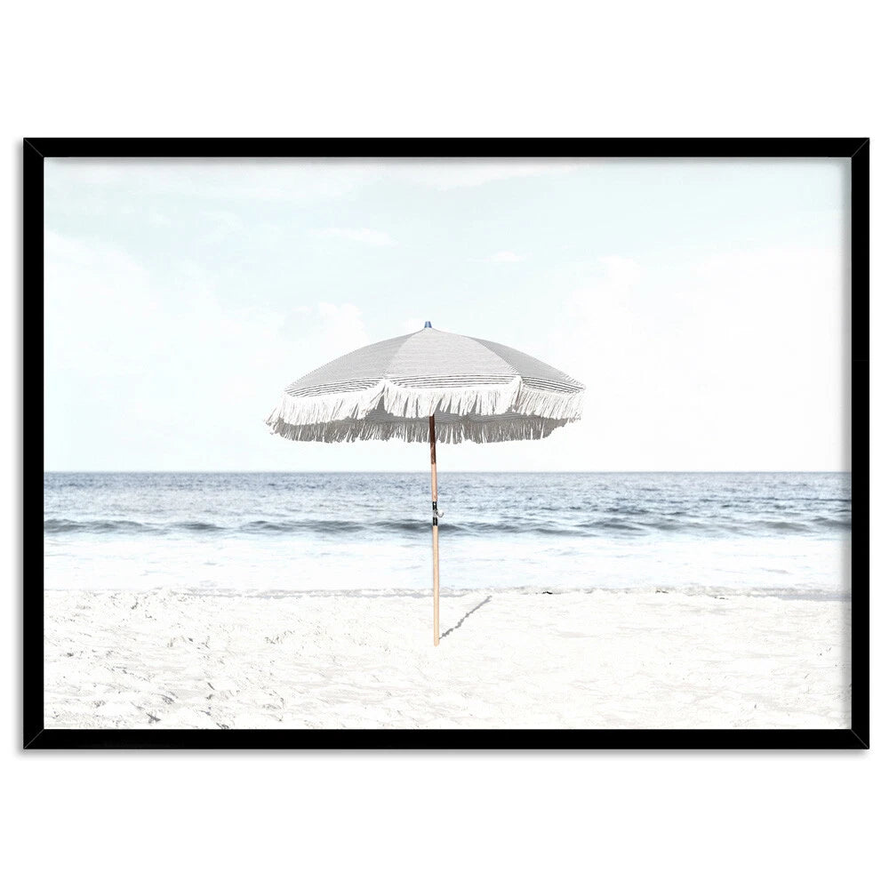 Summer Parasols Coastal Canvas Wall Art – black floating frame