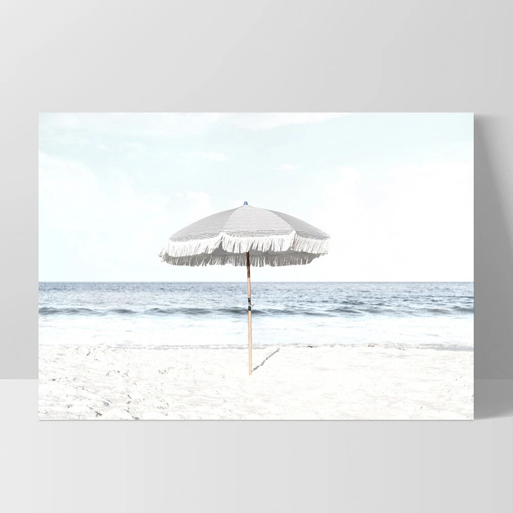 Summer Parasols Coastal Canvas Wall Art – white floating frame