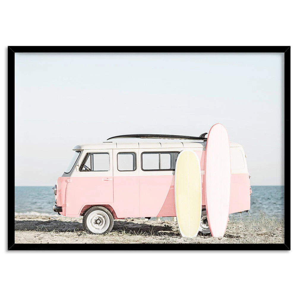 Pastel Beach Kombi Van Canvas Wall Art – black floating frame