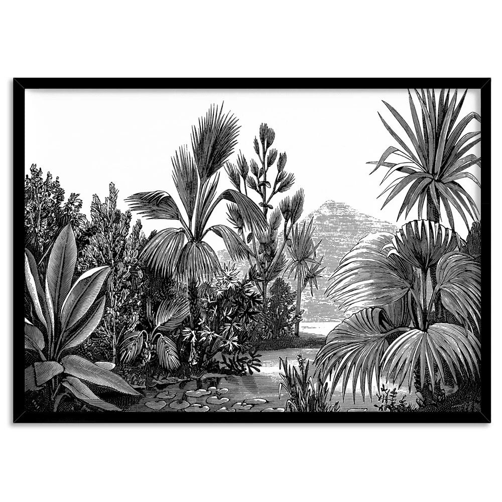 Vintage Botanical Study Monochrome Canvas Wall Art – black floating frame