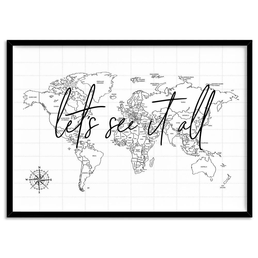 Minimal World Map Travel Canvas Wall Art – black floating frame