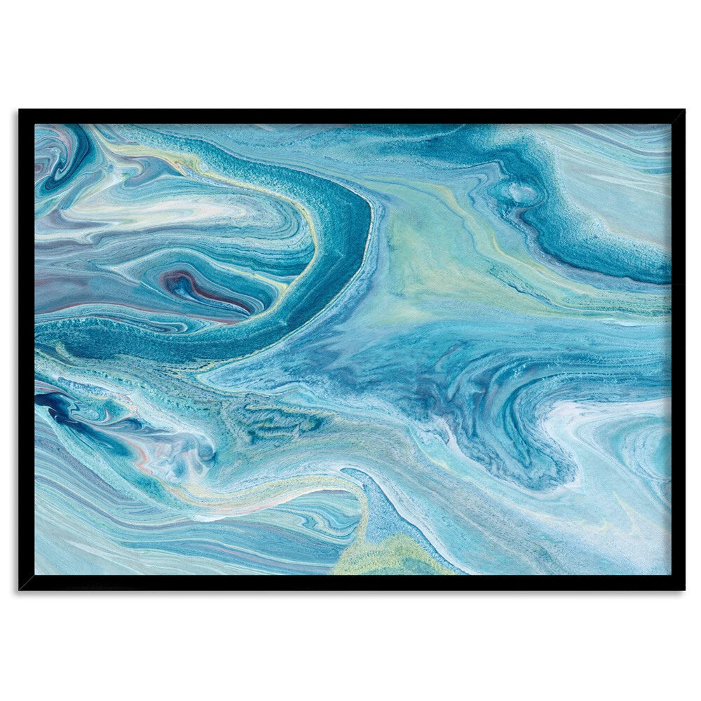 Blue Fluid Abstract Canvas Wall Art – black floating frame