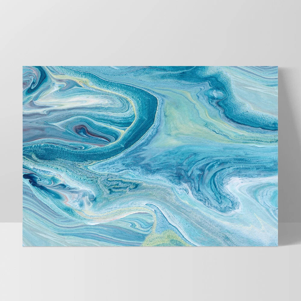 Blue Fluid Abstract Canvas Wall Art – white floating frame