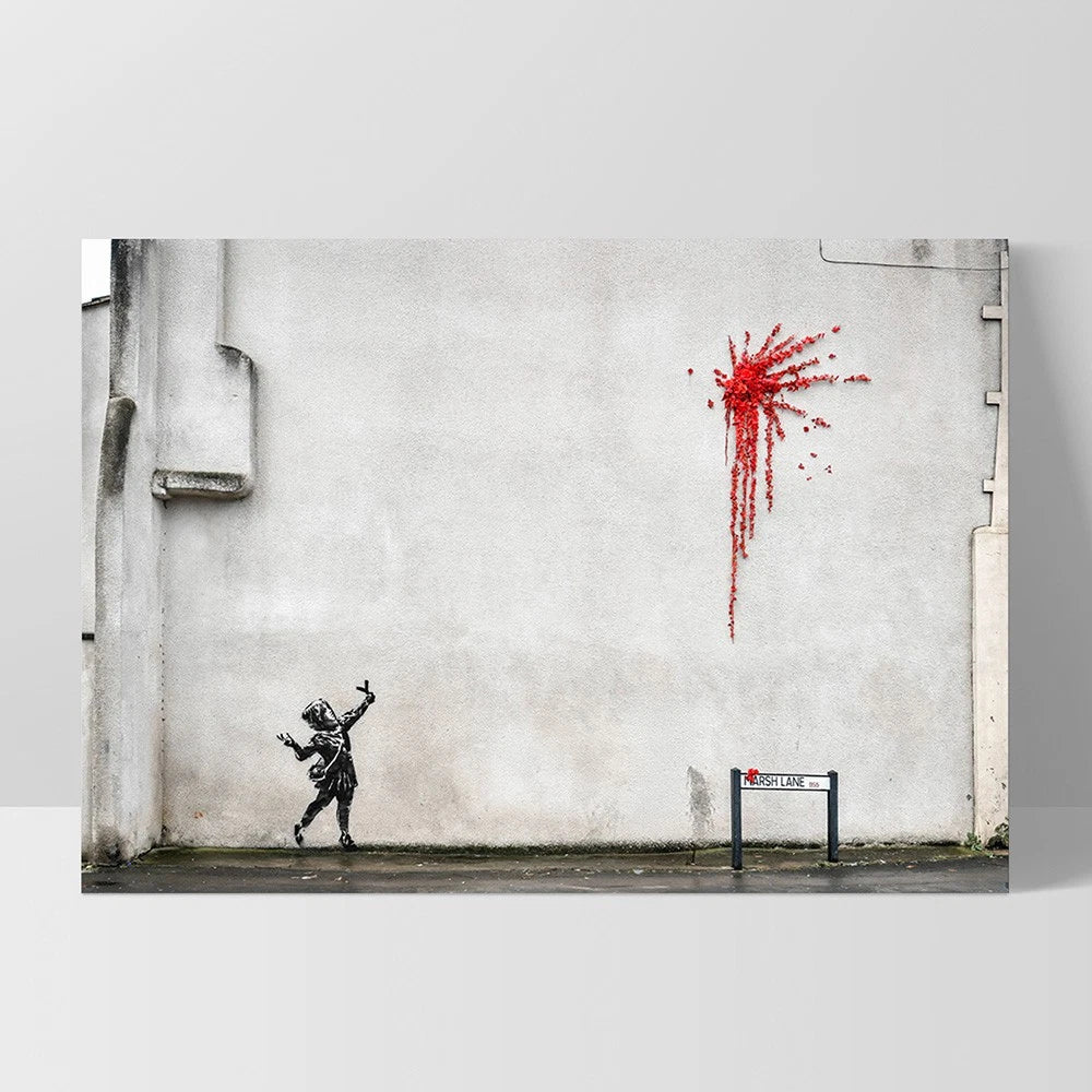 Girl with Flowers Urban Street Art Canvas Wall Art – white floating frame