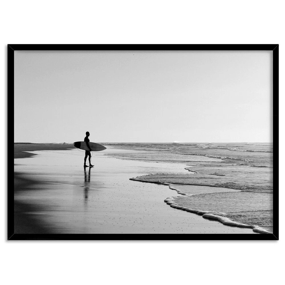 Lone Surfer Monochrome Canvas Wall Art – black floating frame