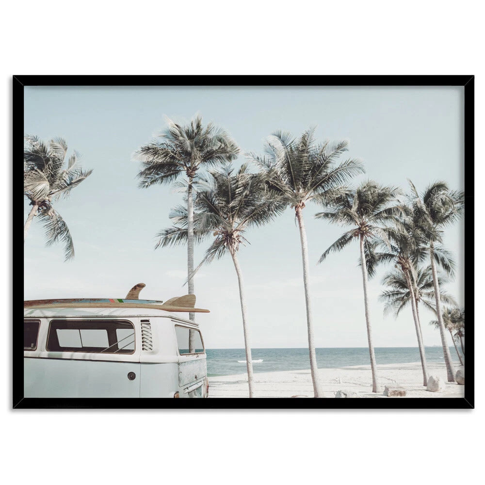 Retro Kombi Surf Van Canvas Wall Art – black floating frame