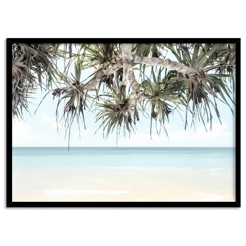 Wategos Beach Pandanus Palms Canvas Wall Art – black floating frame