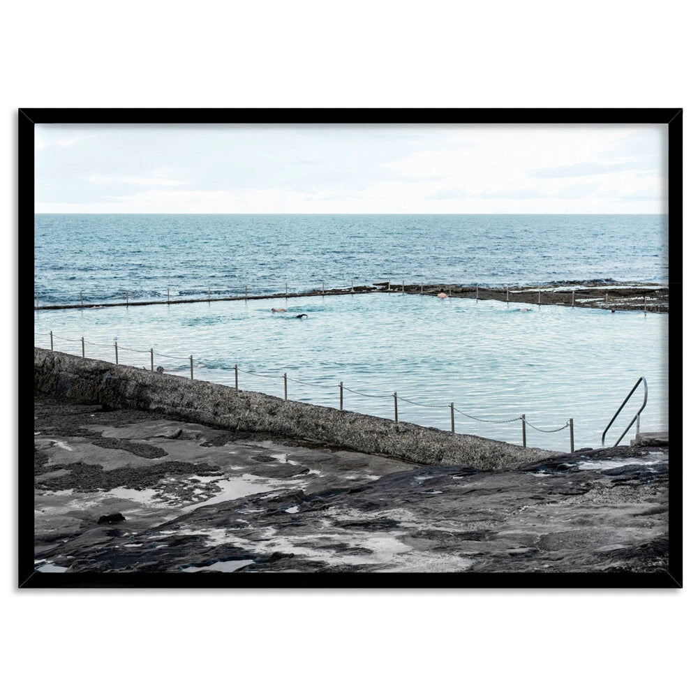 South Cronulla Rock Pool Coastal Canvas Wall Art – black floating frame
