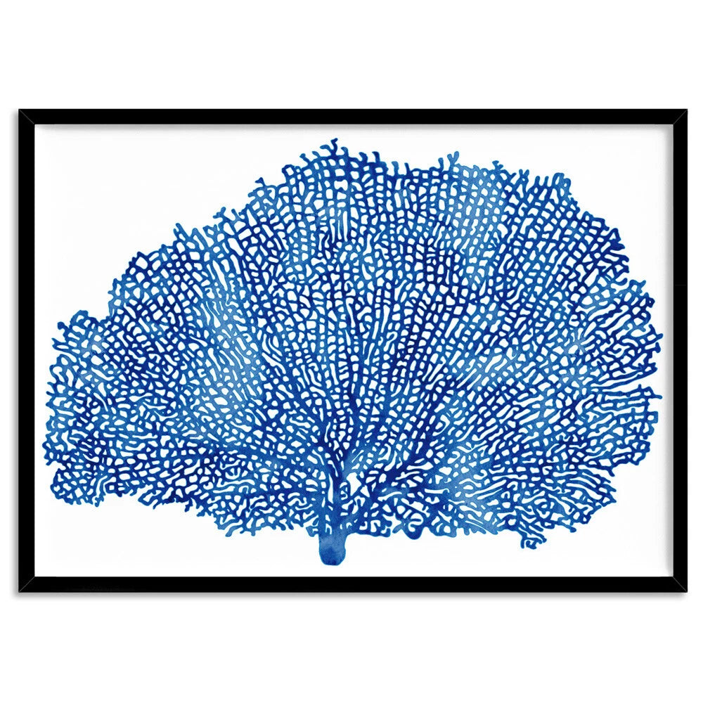 Coral Sea Fan Blue Watercolour Canvas Wall Art – black floating frame