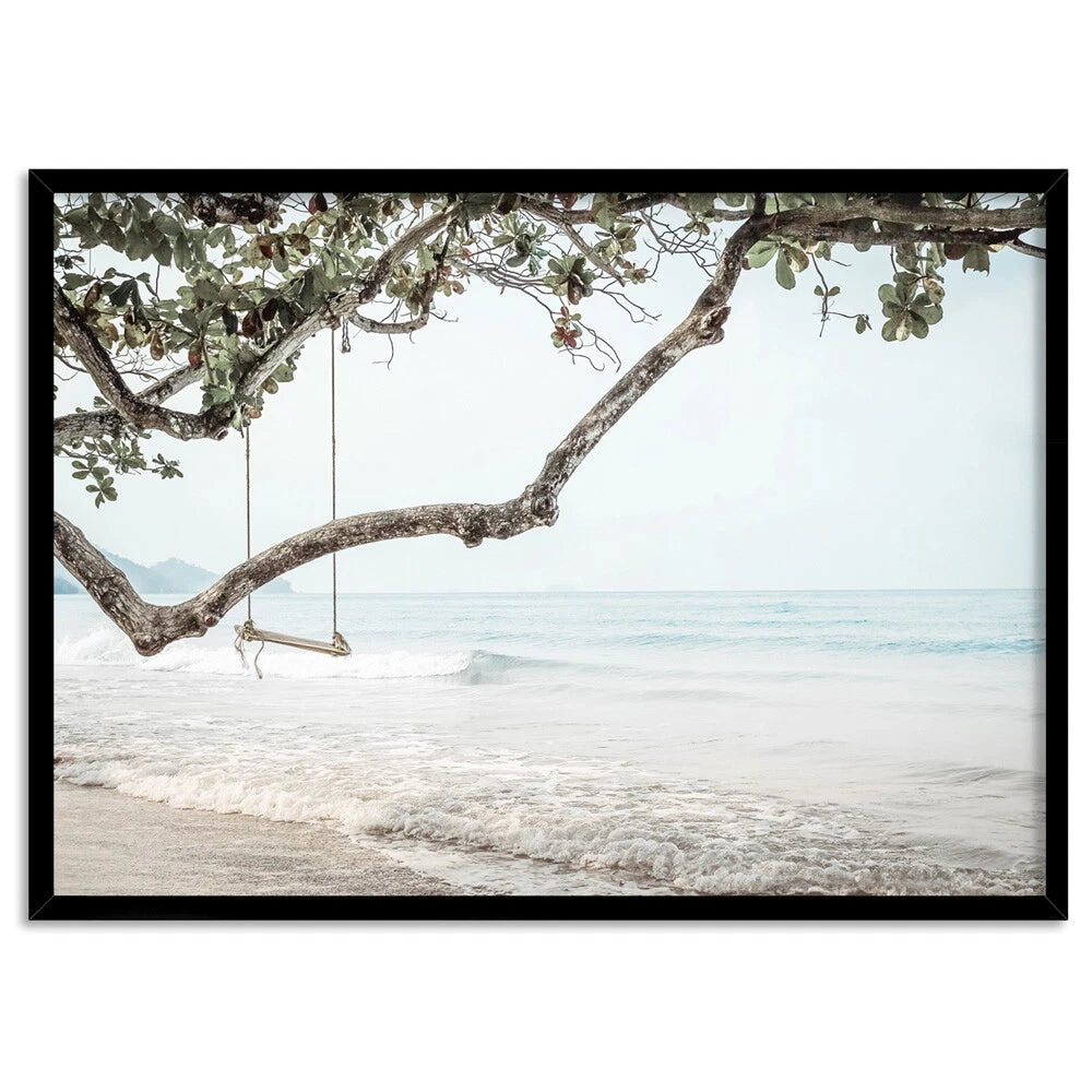 Coastal Swing Ocean View Canvas Wall Art – black floating frame