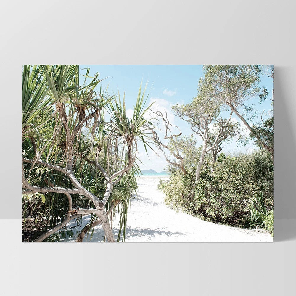 Whitehaven Beach Pandanus Palm Canvas Wall Art – white floating frame