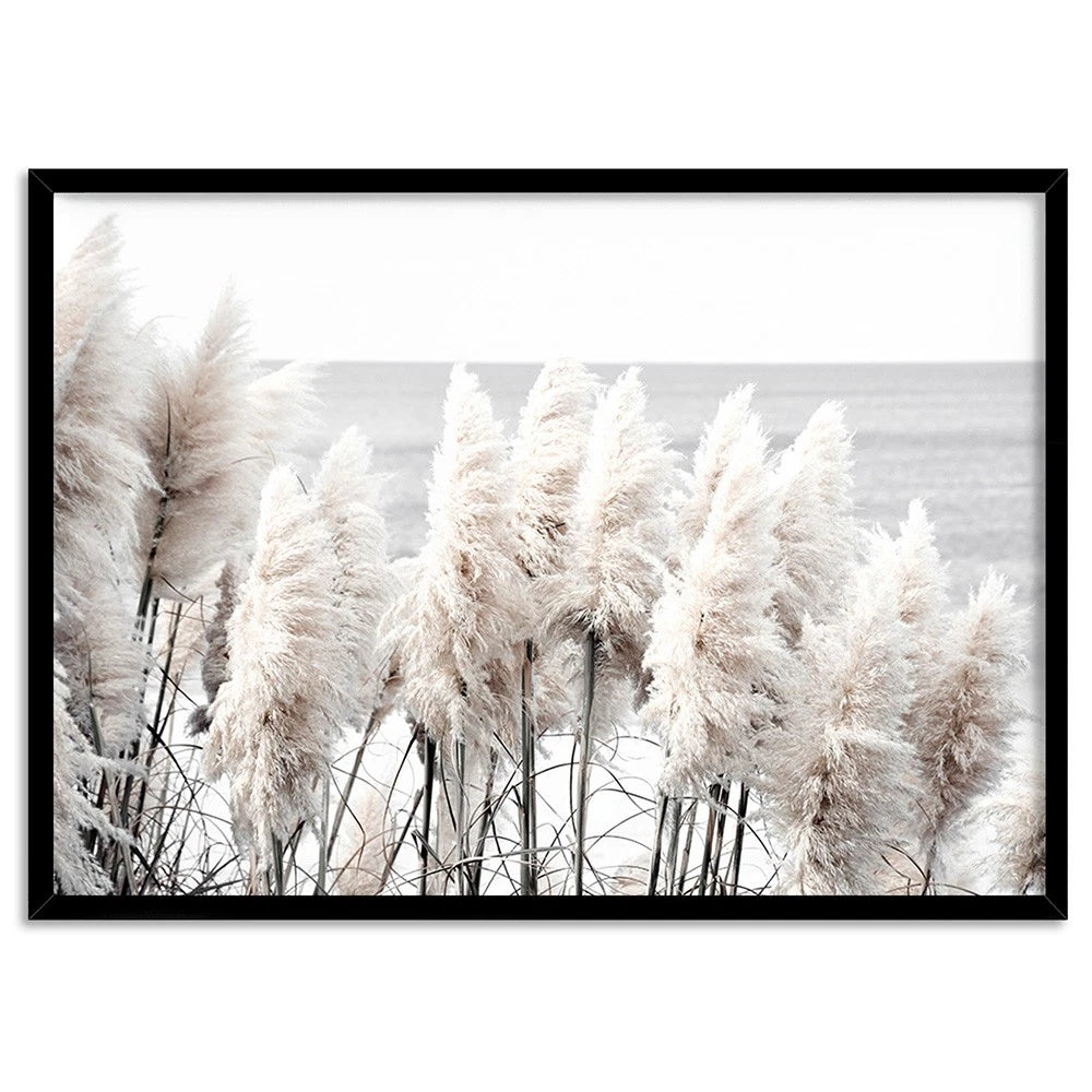 Neutral Pampas Grass Coastal Canvas Wall Art – black floating frame