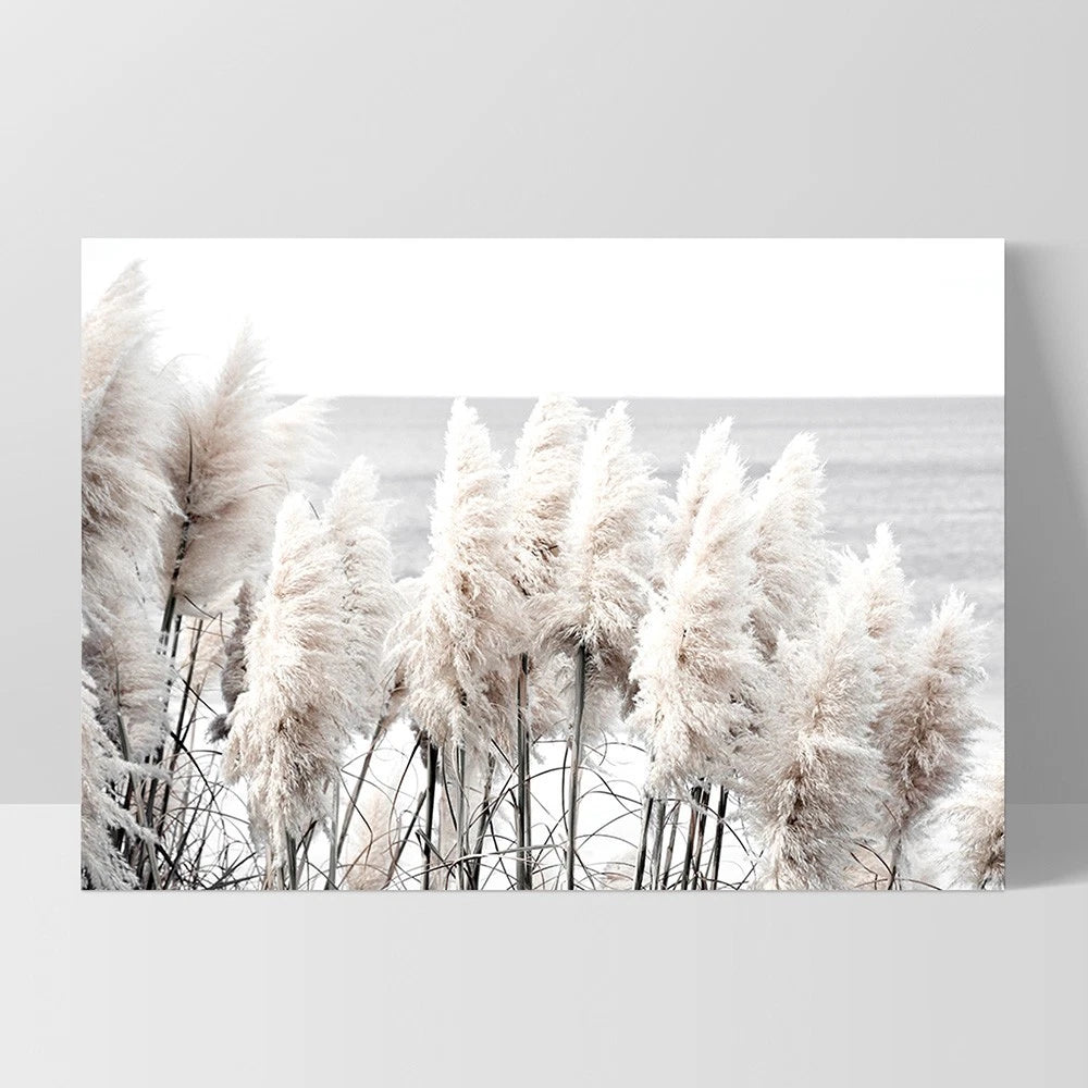 Neutral Pampas Grass Coastal Canvas Wall Art – white floating frame