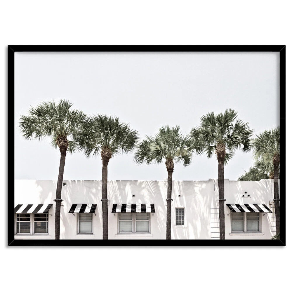 Miami Palm Boulevard Coastal Canvas Wall Art – black floating frame