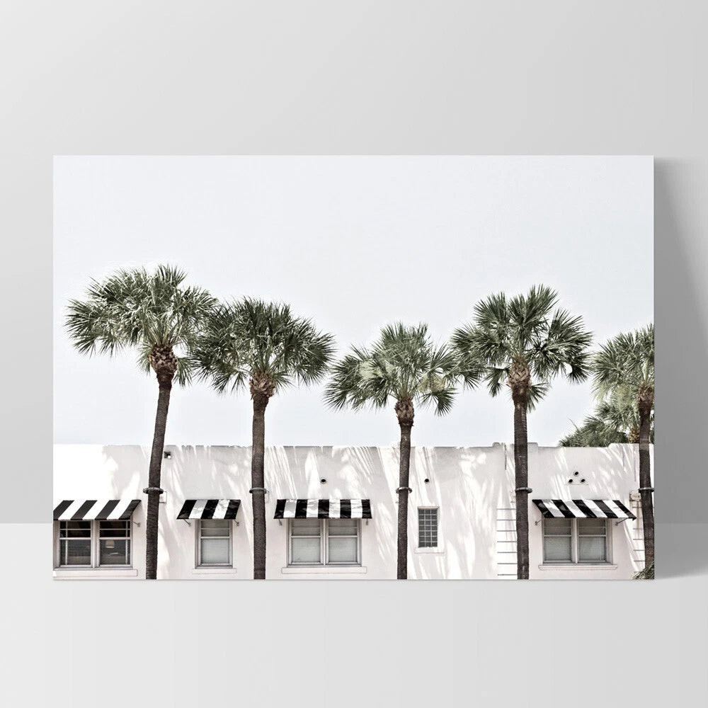 Miami Palm Boulevard Coastal Canvas Wall Art – white floating frame