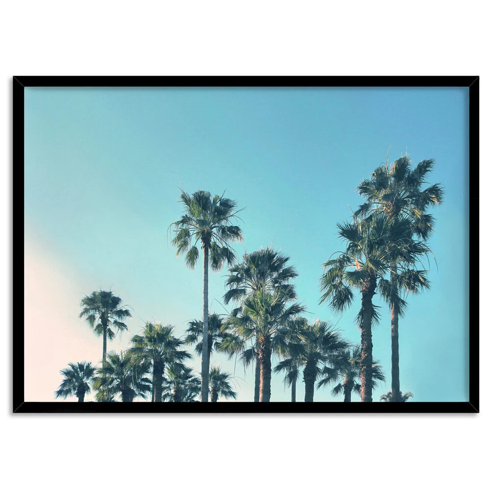 California Blue Palms Tropical Canvas Wall Art – black floating frame