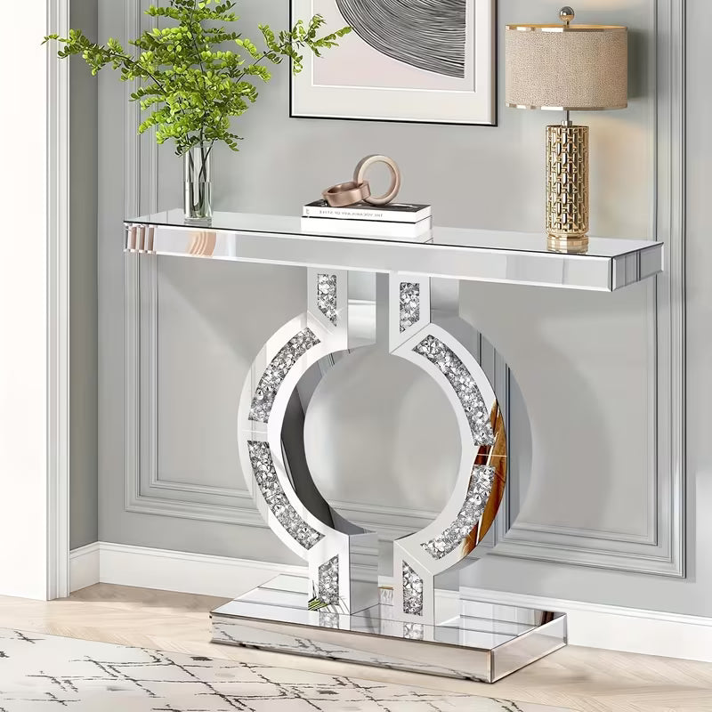 Console Table Featuring a 39.4-Inch Silver Mirror Adorned with Shattered Diamonds, Chic and Sturdy Long Glass O-Shaped Base, Perfect for Modern Living Rooms, Hallways, Lobbies, or Slim Entryways – view 7