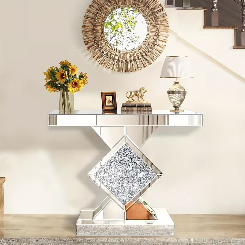 Elegant Silvery Mirror Console Table, Inlaid with Broken Diamonds, 81.28cm Glass Entrance Table Suitable for Narrow Sofa Tables in Living Rooms, Corridors or Lobbies, Sturdy and Stylish Design – view 7