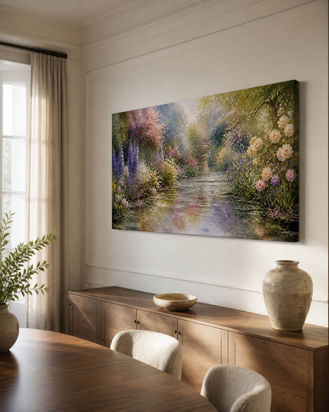 Garden After Rain stretched canvas wall art from a right interior angle