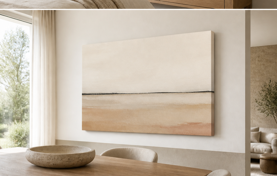 Horizon Calm stretched canvas wall art in dining room, right angle
