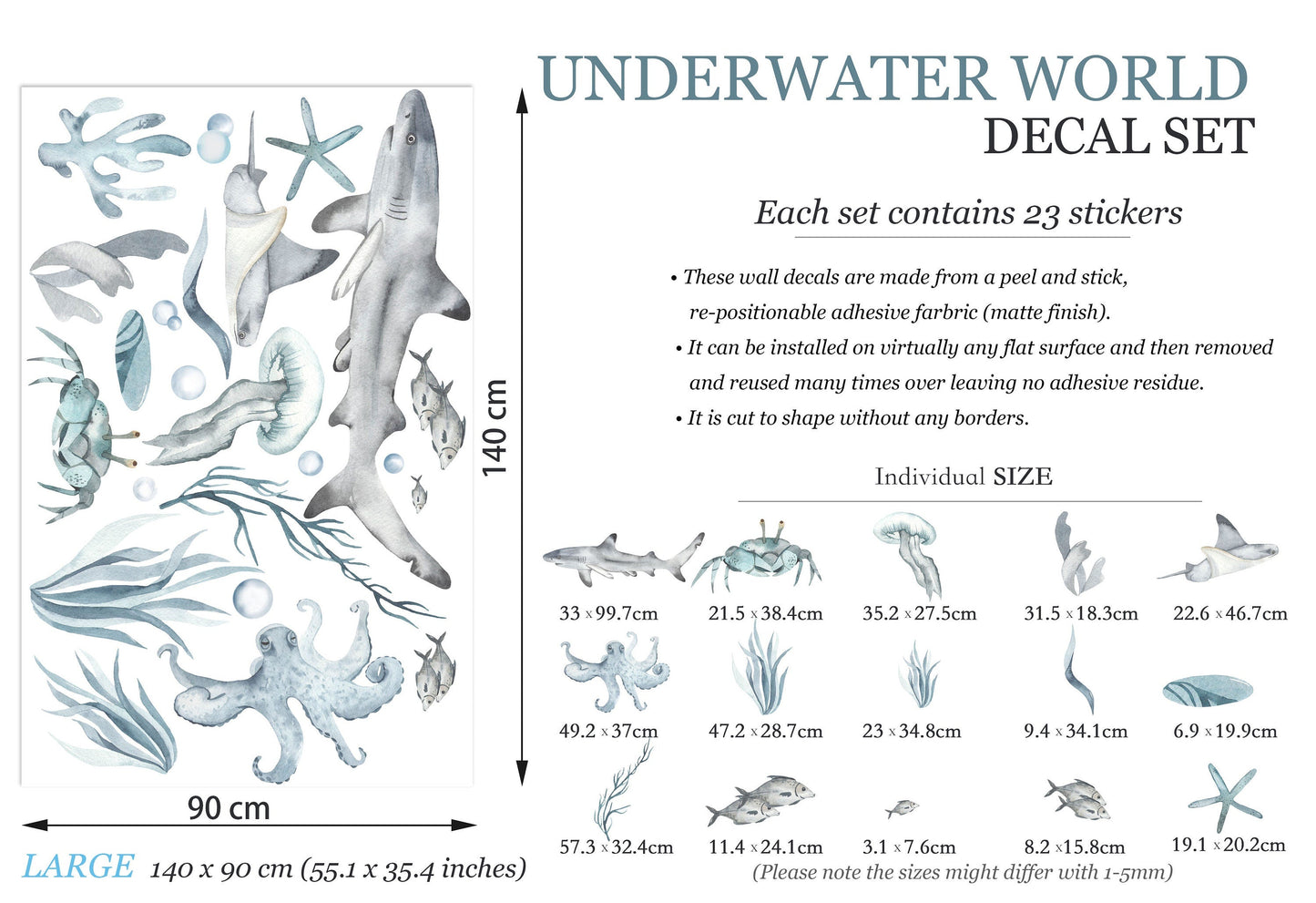 Blue Grey Underwater World Wall Decal - Shark Crab Octopus Jelly Fish - BR033