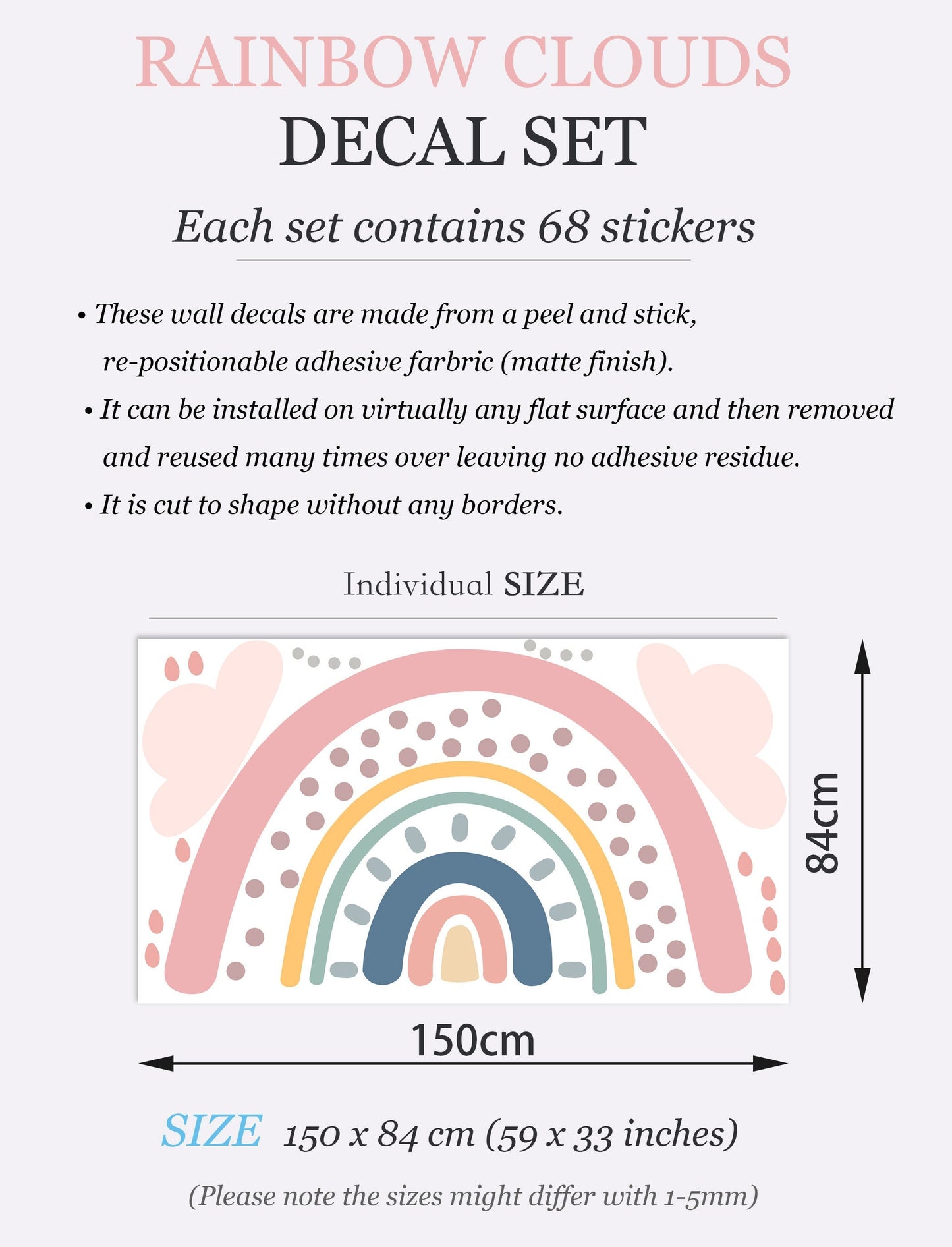 Polka Dots Rainbow under Pink Raining Clouds Wall Decal - BR042