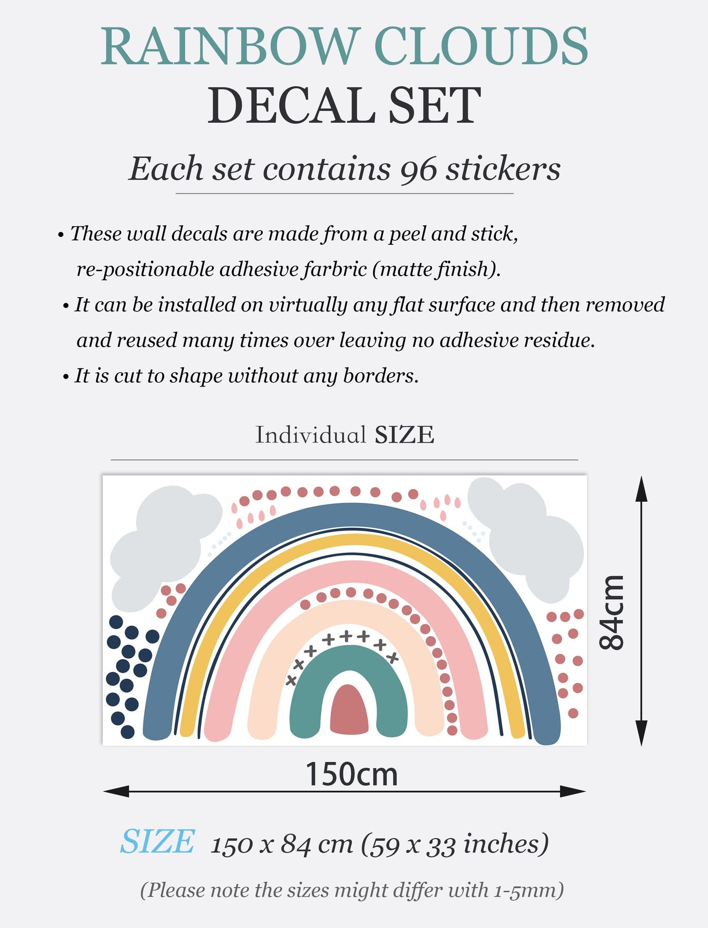 Watercolor Polka Dot Rainbow under Grey Rain Cloud Wall Decals - Girls' Room Decor - BR043