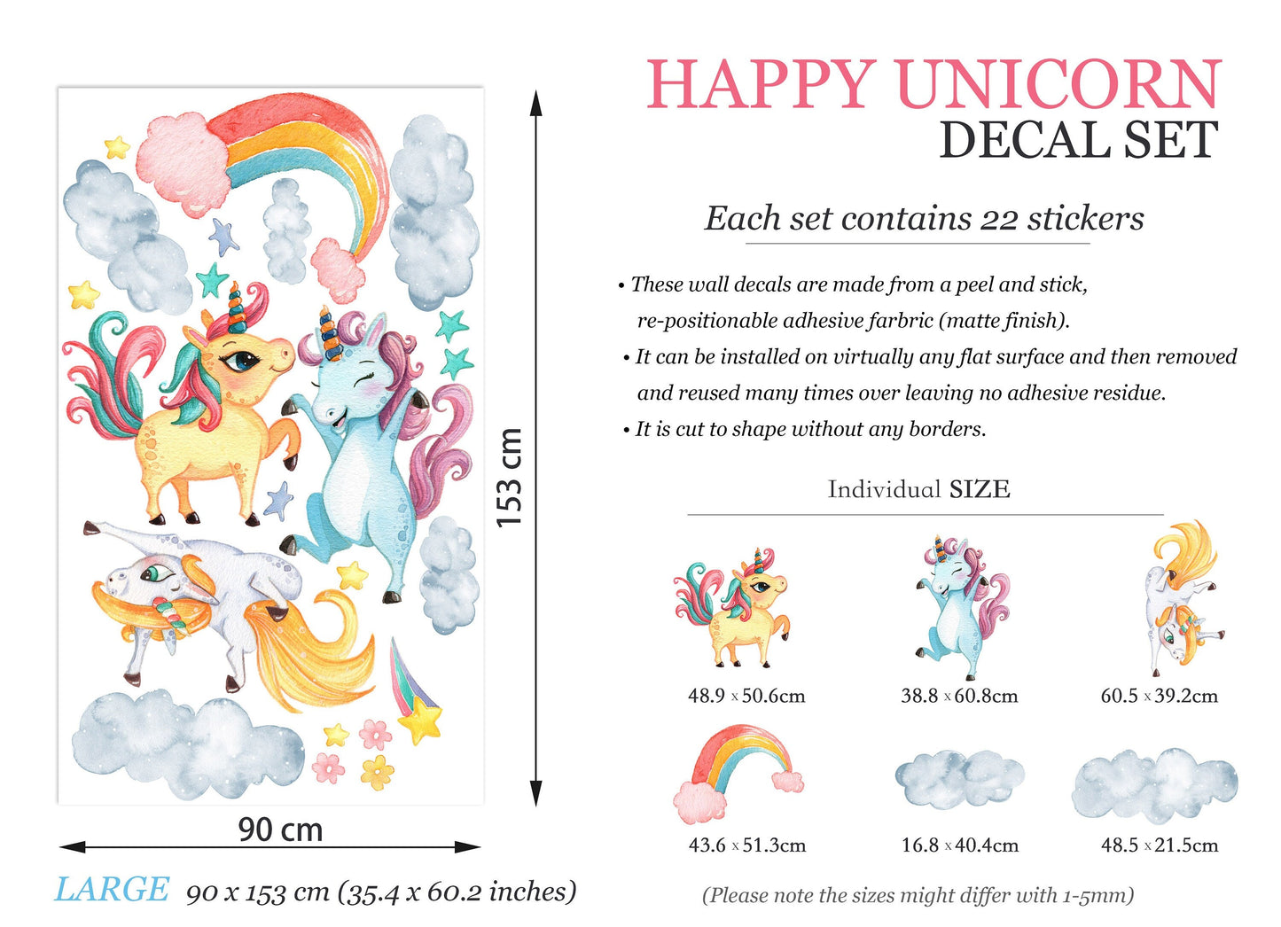 Dancing Unicorns in the Sky: Rainbow, Stars, Flowers Wall Decal - BR081