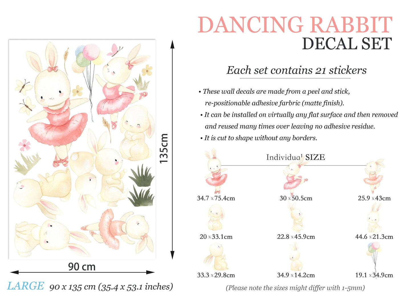 Enchanting Bunny Ballet Wall Sticker - Pink-Dressed Bunnies Dancing Amongst Floral Delights & Balloons - BR126S