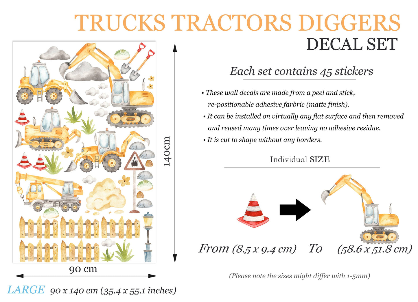 Yellow Construction Machinery Engineering Construction Vehicle Crane Trucks Removable Wall Decal Boys Room Gift - BR187