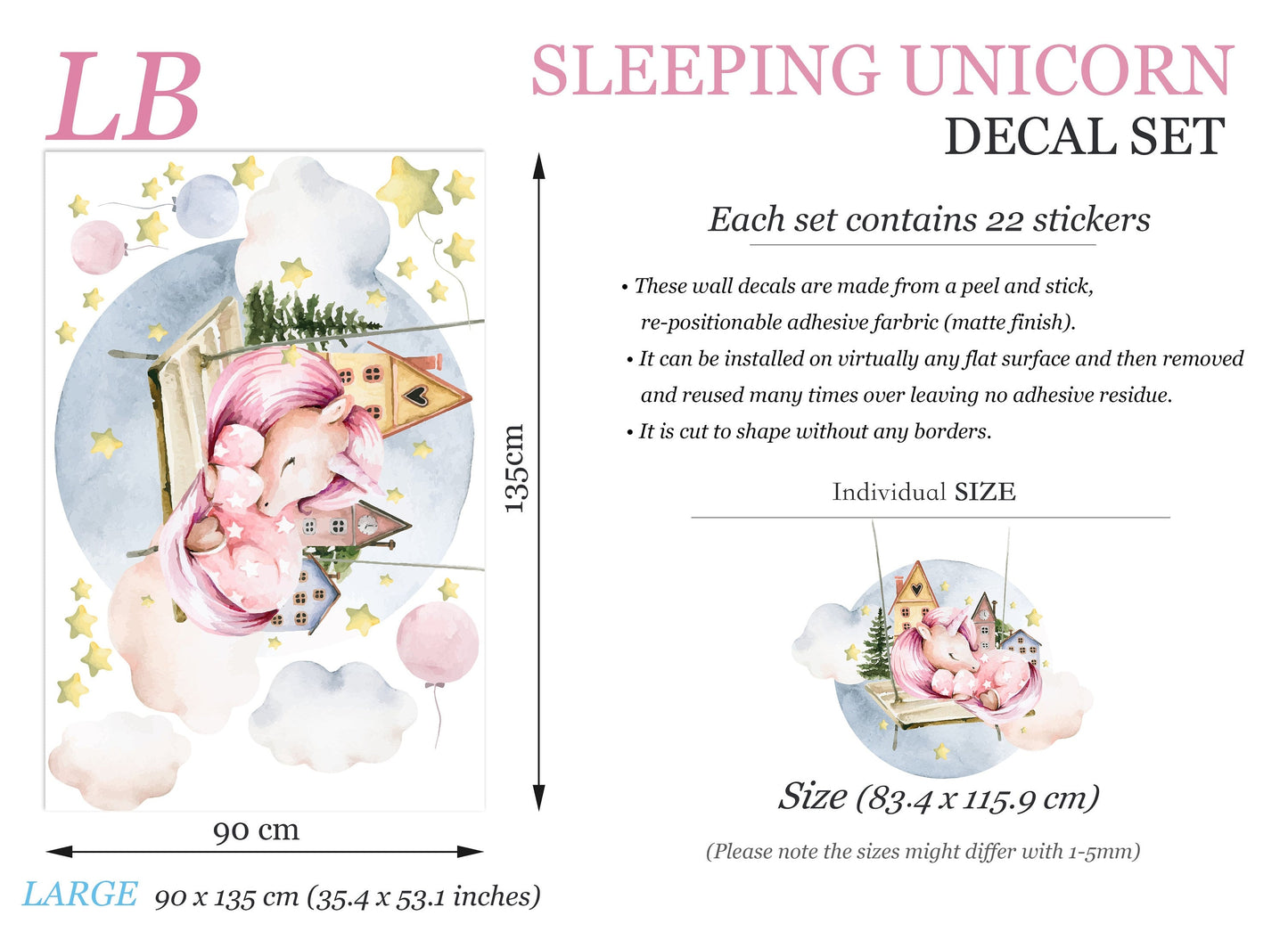 Sleeping Unicorn on Cloud Wall Decal - Castle Balloons Stars - Removable Peel and Stick - BR252