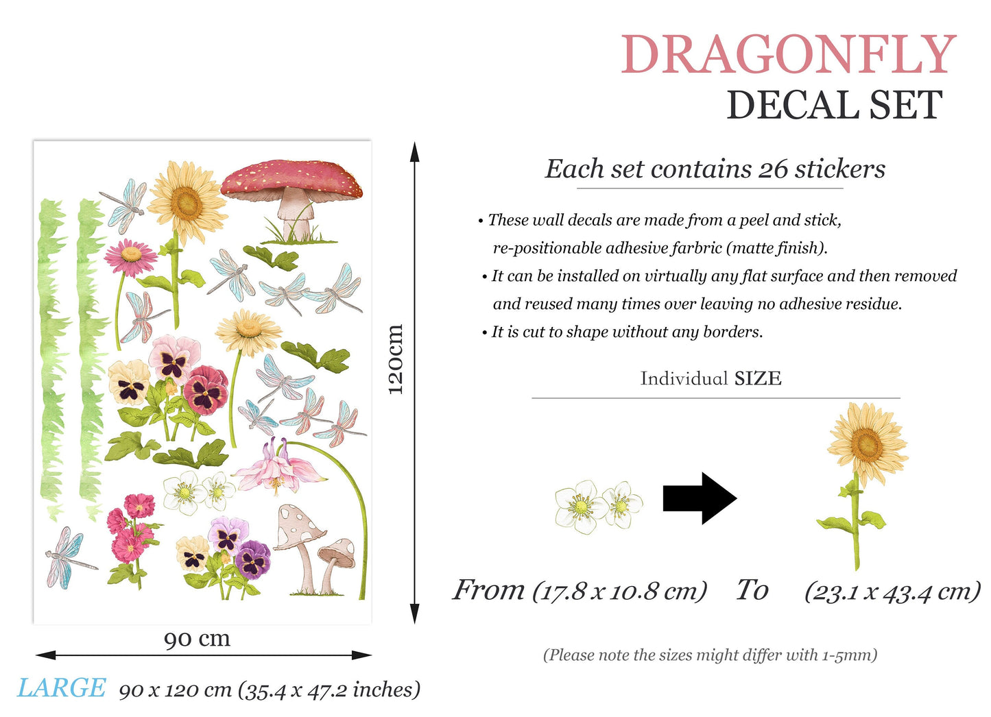 Jungle Wildlife and Flora Wall Decal - Sunflower Mushroom Flying Dragonflies - Kids Room Decor - BR288