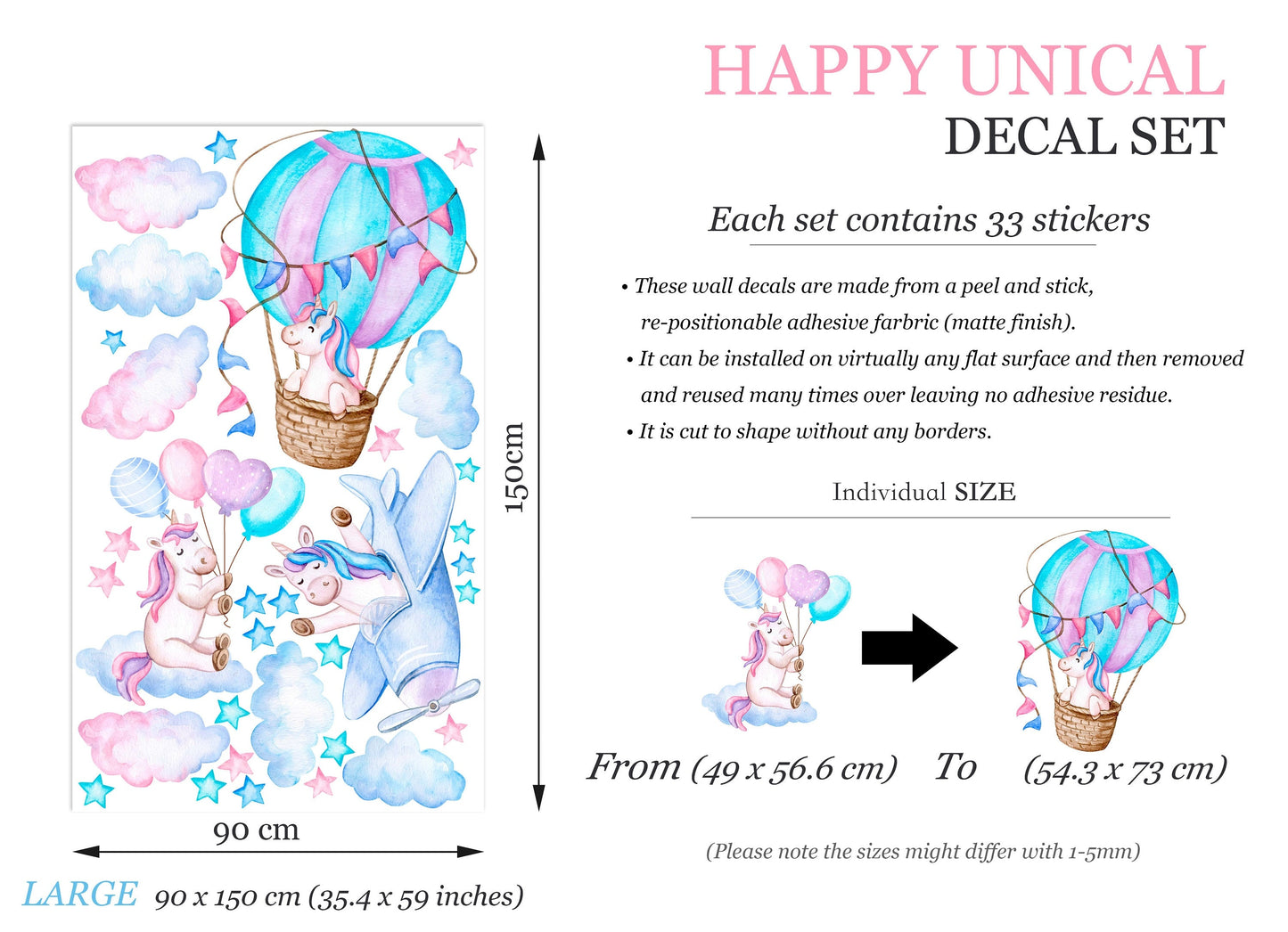Enchanted Unicorn Adventures Wall Decal - Hot Air Balloon Helicopter Cloud - BR316