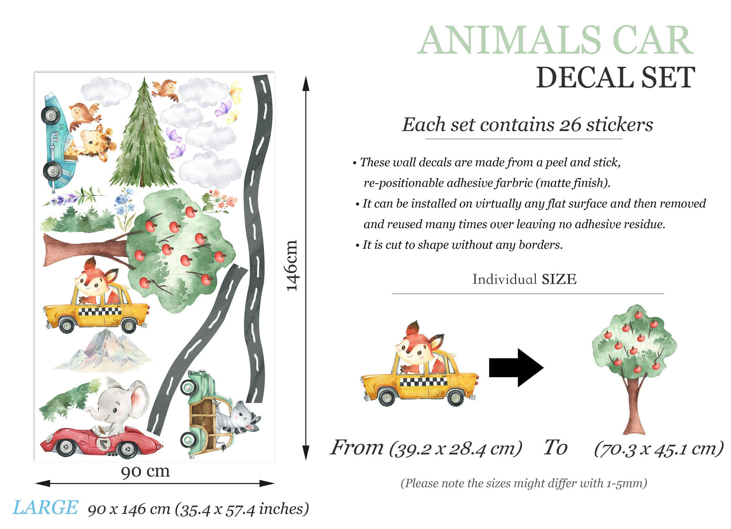 Countryside Joy Baby Animals Driving Wall Decal - Elephant Giraffe Zebra Fox - BR362