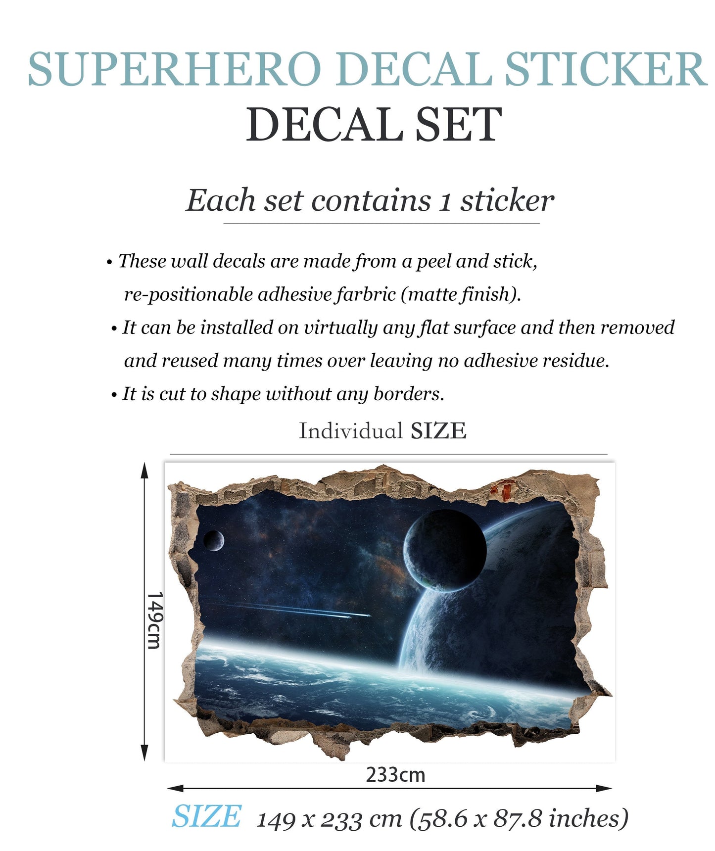 Blue Cosmos Planet Earth Space 3D Broken Wall Decal - Removable Peel and Stick - BW004