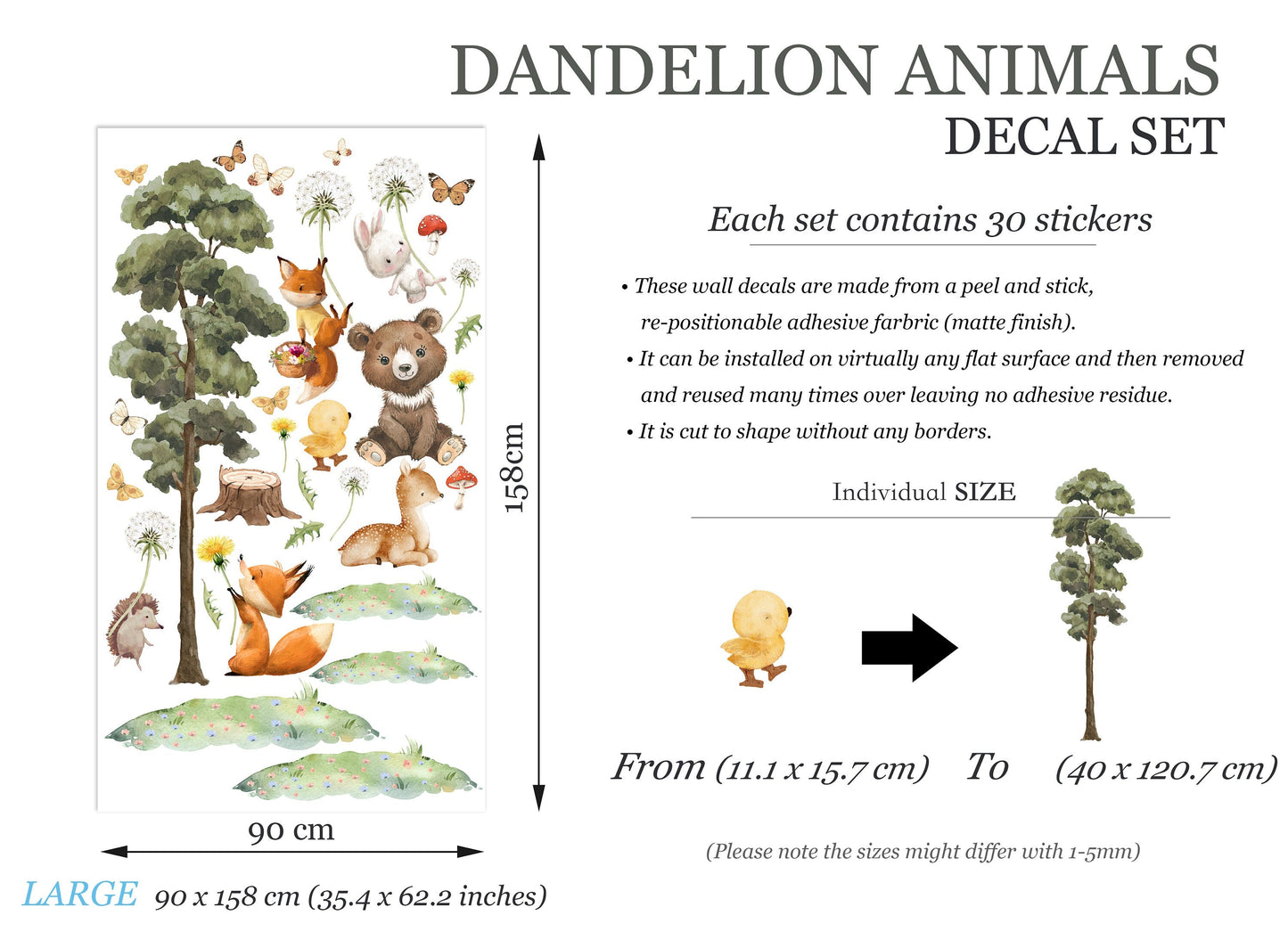 Dandelion Floating Animal Decal with Butterflies and Tree Wall Decal - Girl Room Decor - BR458