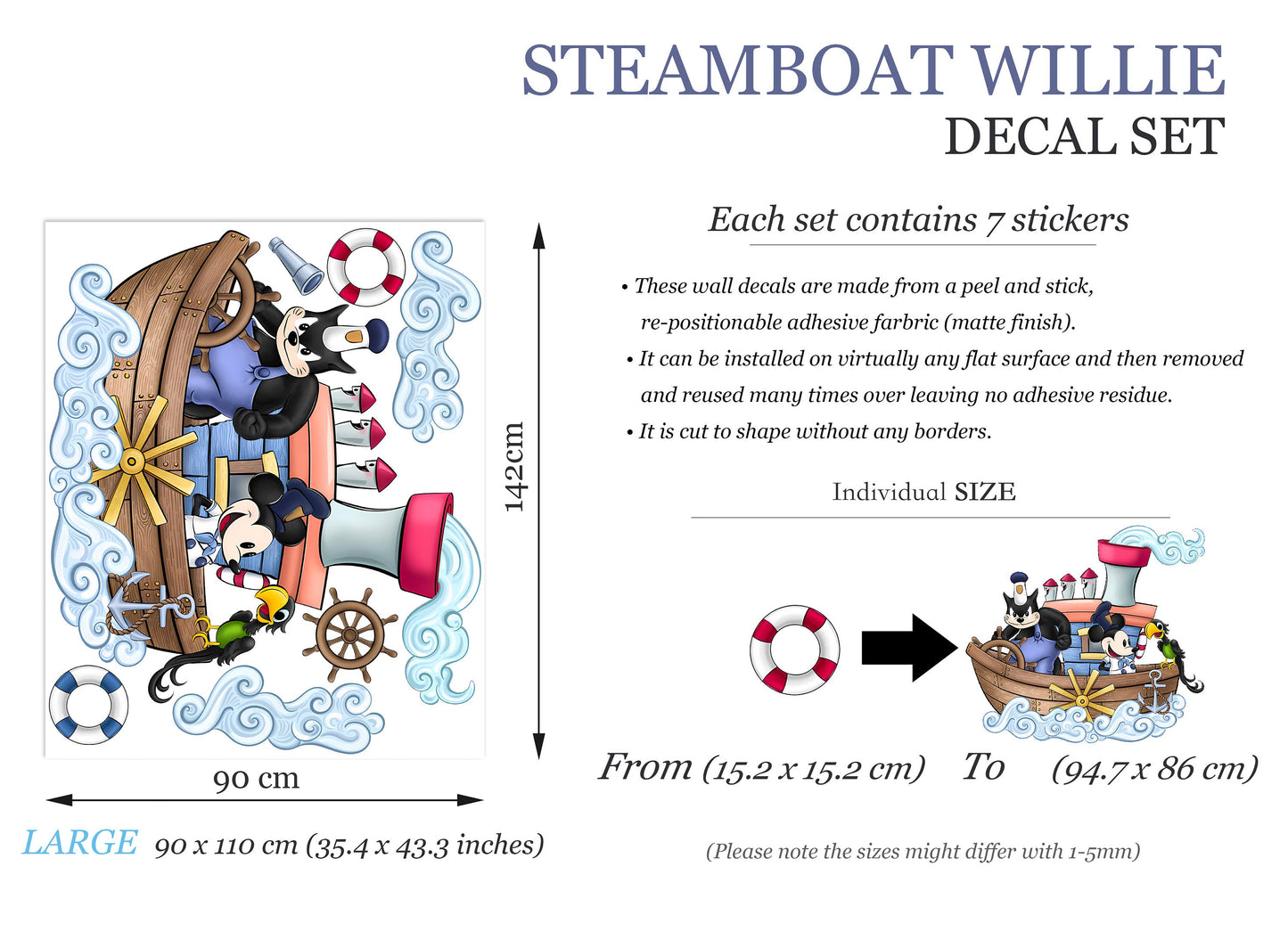 Vintage Steamboat Willie Mickey Mouse Decal Stickers Wall Decal for Kids Room