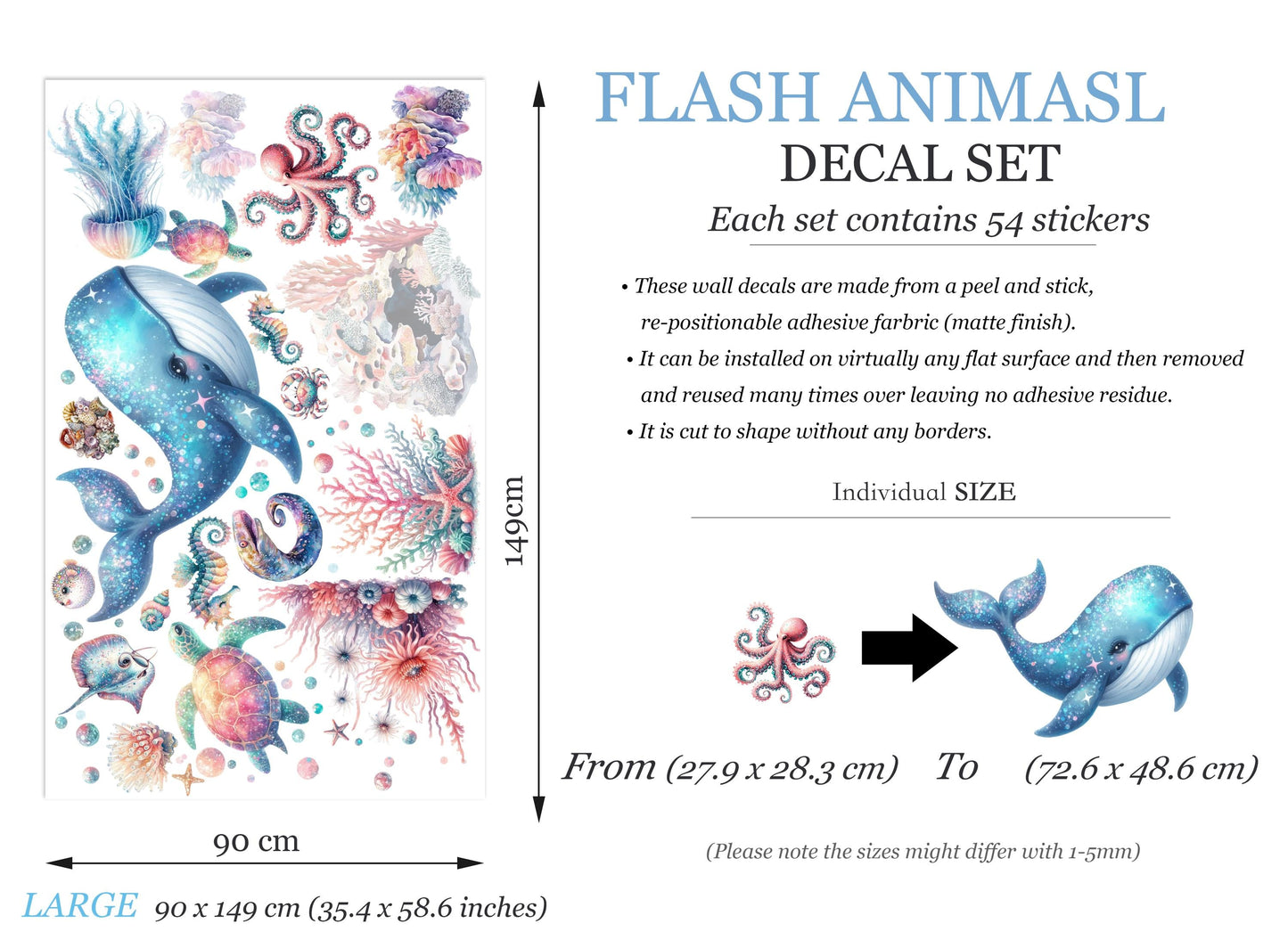 Blue Ocean Creatures Wall Decal - Whales, Seahorses, Turtles & Octopuses - Removable Peel and Stick Sticker - BR496