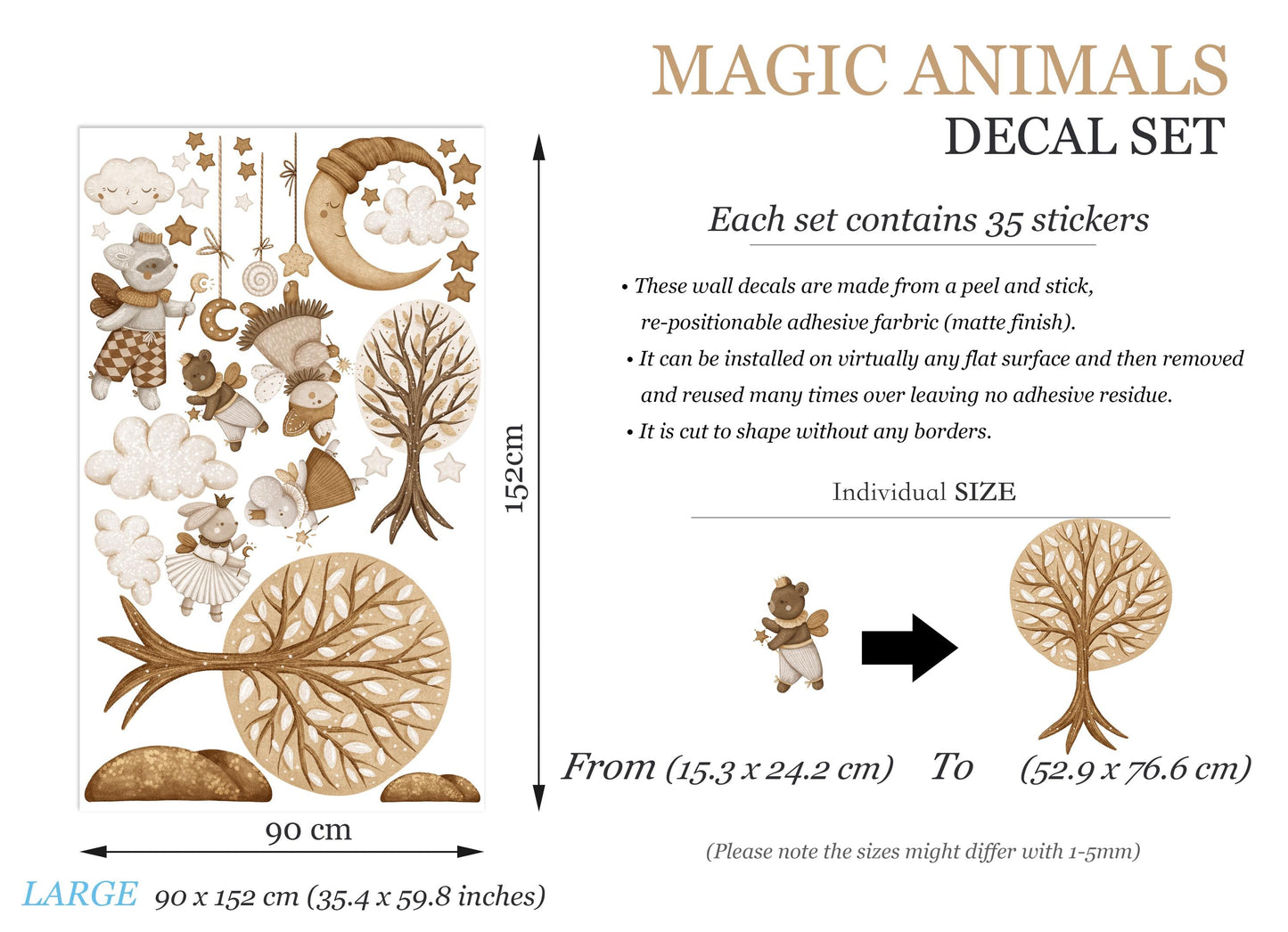 Watercolor Goodnight Animal Wall Decals – Removable Sleepy Forest Fairy Stickers – Dreamy Nighttime Wall Art for Nursery or Kids Room