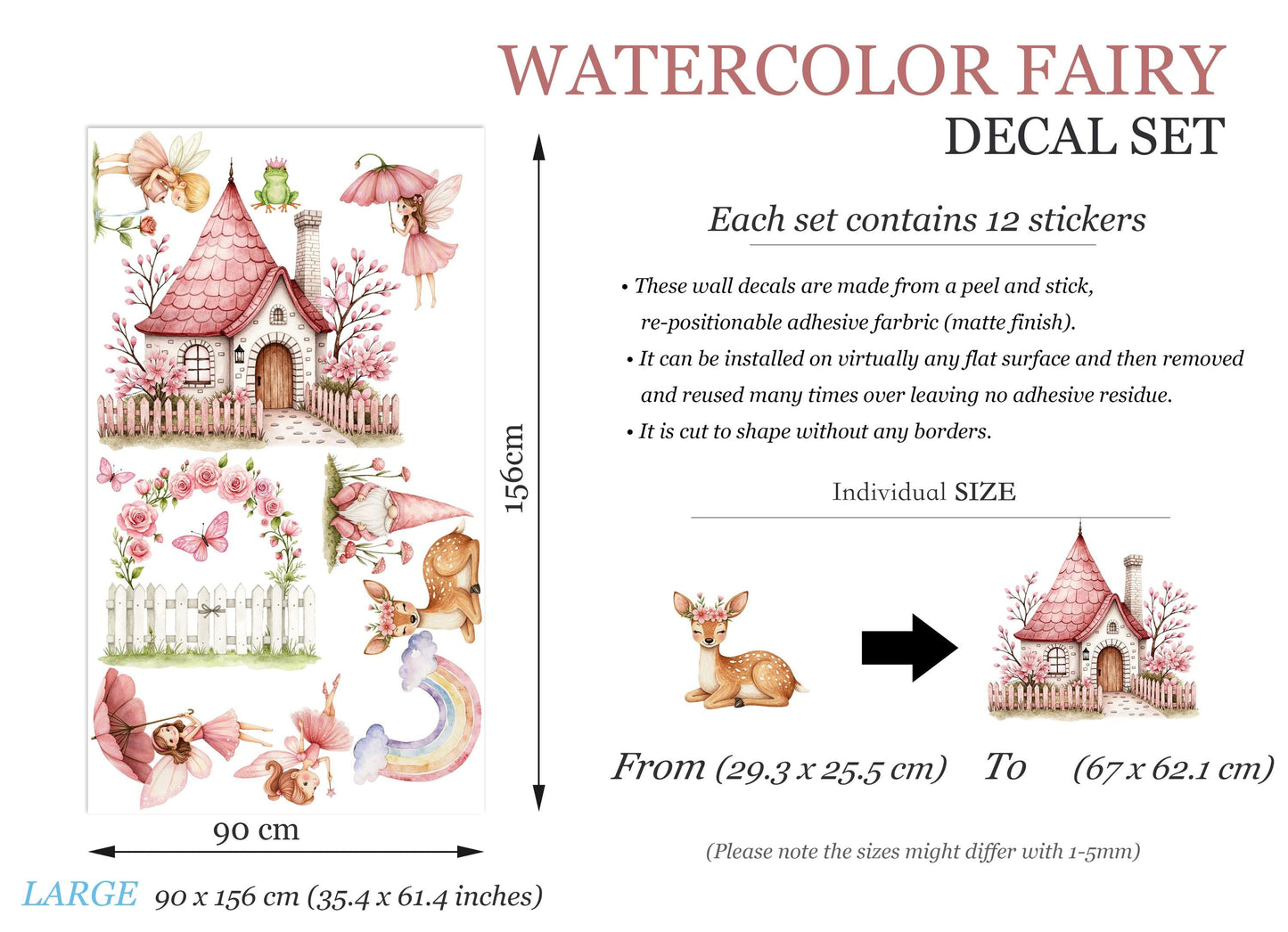 Fairy Garden Wall Decals for Girls Room – Pink Castle, Deer, Rainbow & Flower Arch – Removable Fabric Nursery Wall Stickers