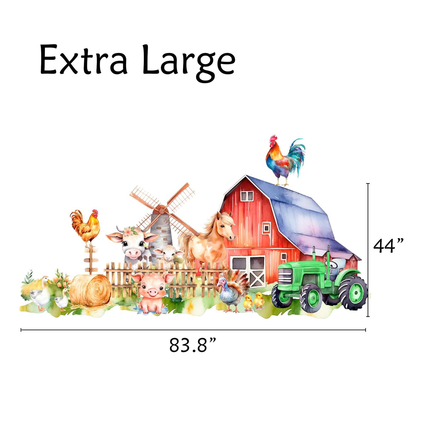 Farm Animals Wall Decal for Kids Room – Watercolor Barn Horse Pig Cow Tractor Sticker