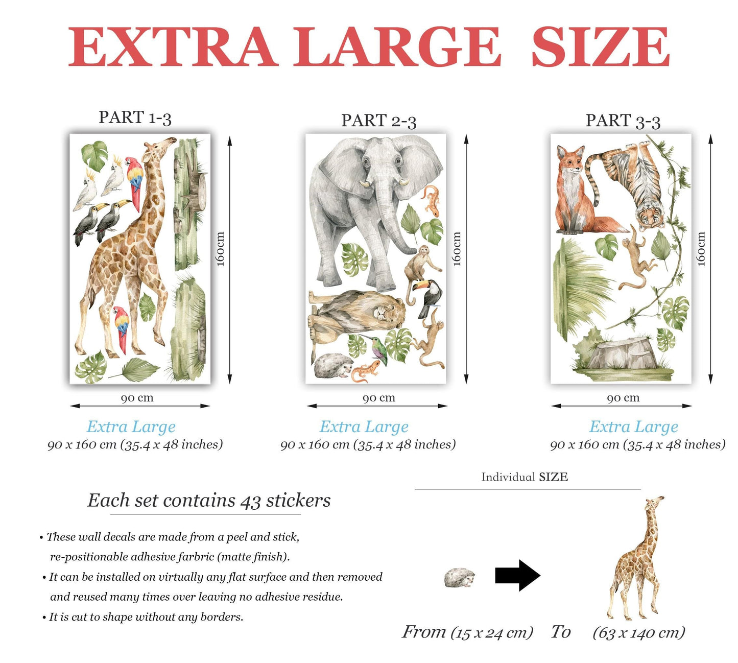 Safari Wall Decals Jungle Animals Wall Stickers Giraffe Elephant Kids Room Decor