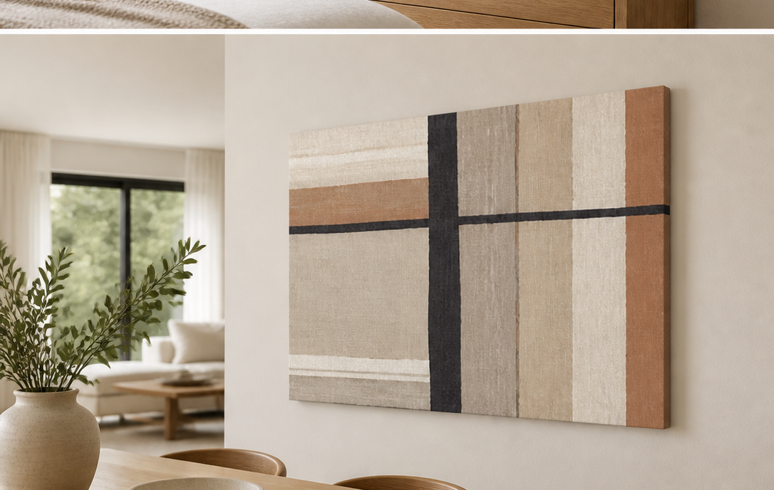 Minimal Stripes stretched canvas wall art in dining room, right angle