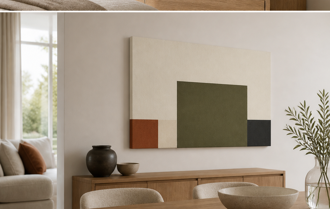 Modern Blocks stretched canvas wall art in dining room, right angle