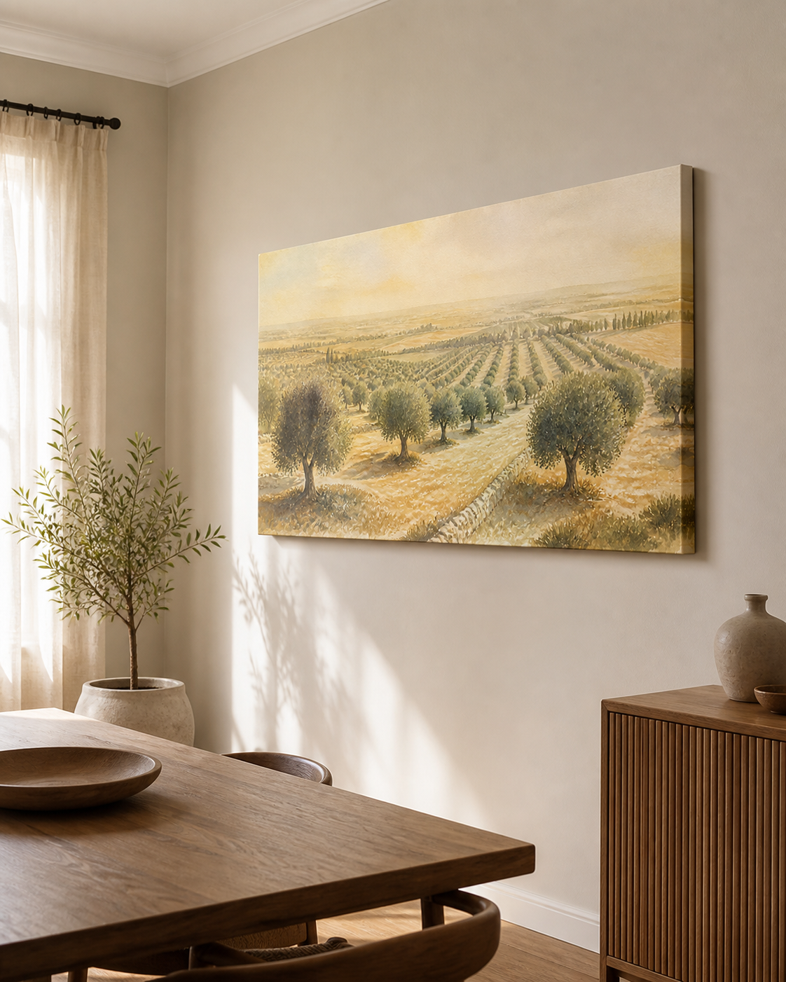 Morning Orchard stretched canvas wall art from a right interior angle